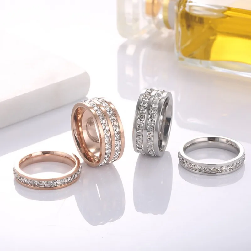 Trendy Zircon Rose Gold Couple Rings Jewelry Stainless Steel Single Double Row Zircon Rings
