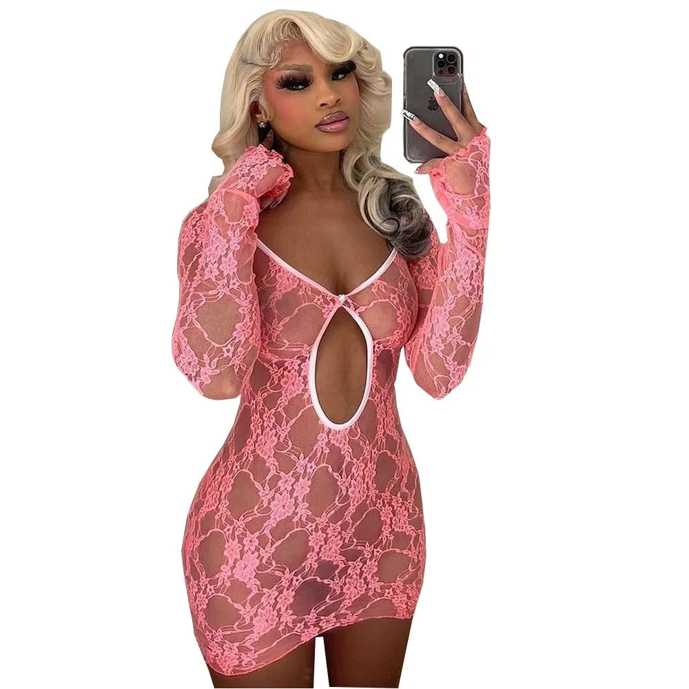 Fashion Fall 2021 Women Clothes Solid Pink Bodycon Dress Sexy Sheer Long Sleeve Mini Dress Hollow Out Backless Party Dress