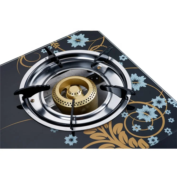 
Hot sale blue printing glass top 2 double black burner liners desktop beautiful gas stove 