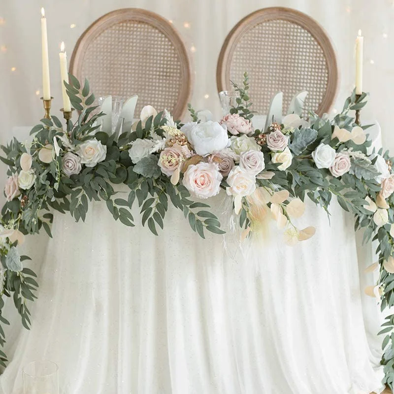 Factory Direct Custom 9FT Silk And Foam White Beige Flowers Eucalyptus Garland Wedding For Wedding Decor Accessories