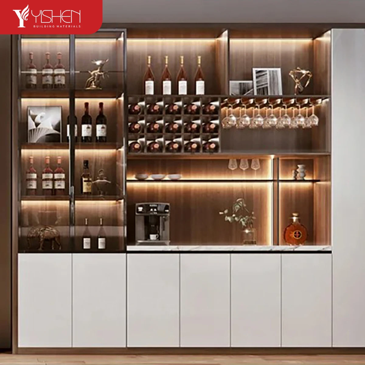 Hot Selling Wooden Wine Display Cabinet Living Room Furniture Wall Mounted Wine Cellar Bar Storage Cabinet With Glass Door