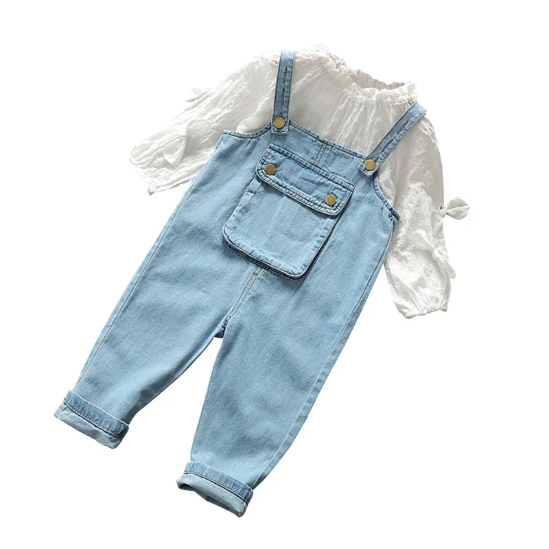 Ivy90272A, корейский стиль, для детей, для девочек, 2 шт., весна-лето, футболка и dungarees, комплекты одежды