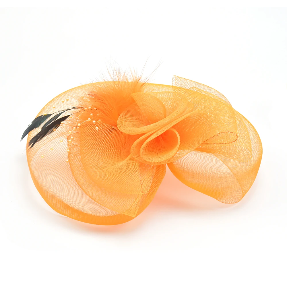 Headwear Veil Cover Hat Flower Feather Fascinator For Women Hair Clips Brooch Wedding Party Church Orange Color