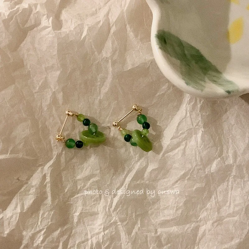 Handmade natural green stone gradient design 925 silver small hoop  needle hollow tube hoop women earrings