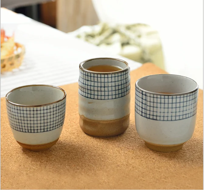 Sanfen Japanese tangtun coarse hand painted lattice wind ceramic earthenware matte tea cup with no handle