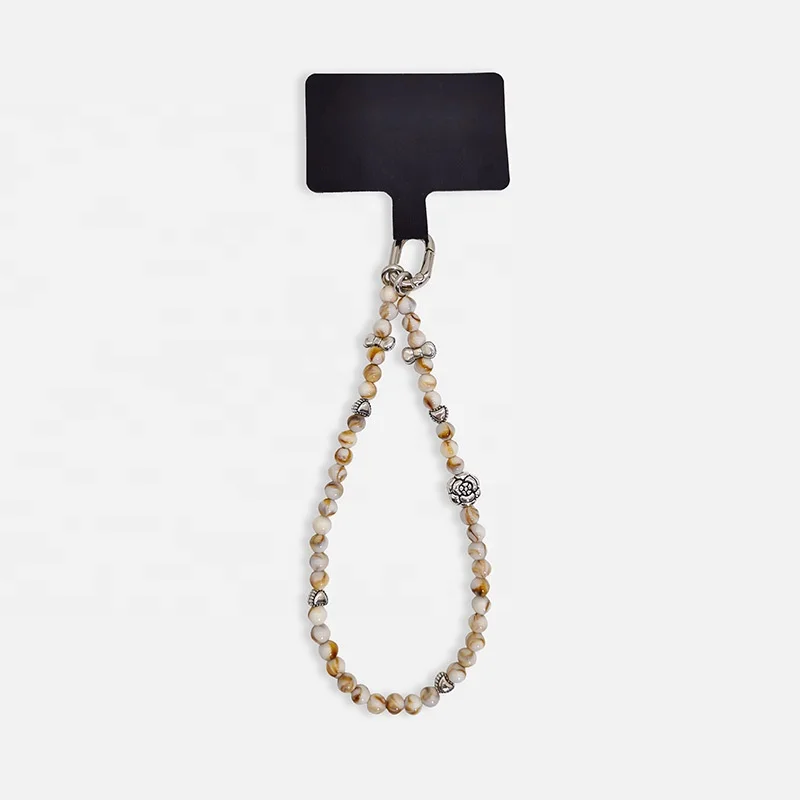 Fashion Camellia Natural Stone Beaded Chain Crossbody Patch Phone Strap Wrist Lanyard For Keys iPhone Case ID Badges Custom Logo