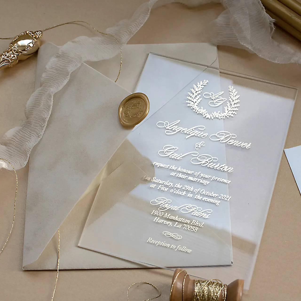 Clear Acrylic wedding Invitation Cards Plastic Glass Gold Foil Embossing Acrylic Wedding And Reception Invitations Cards
