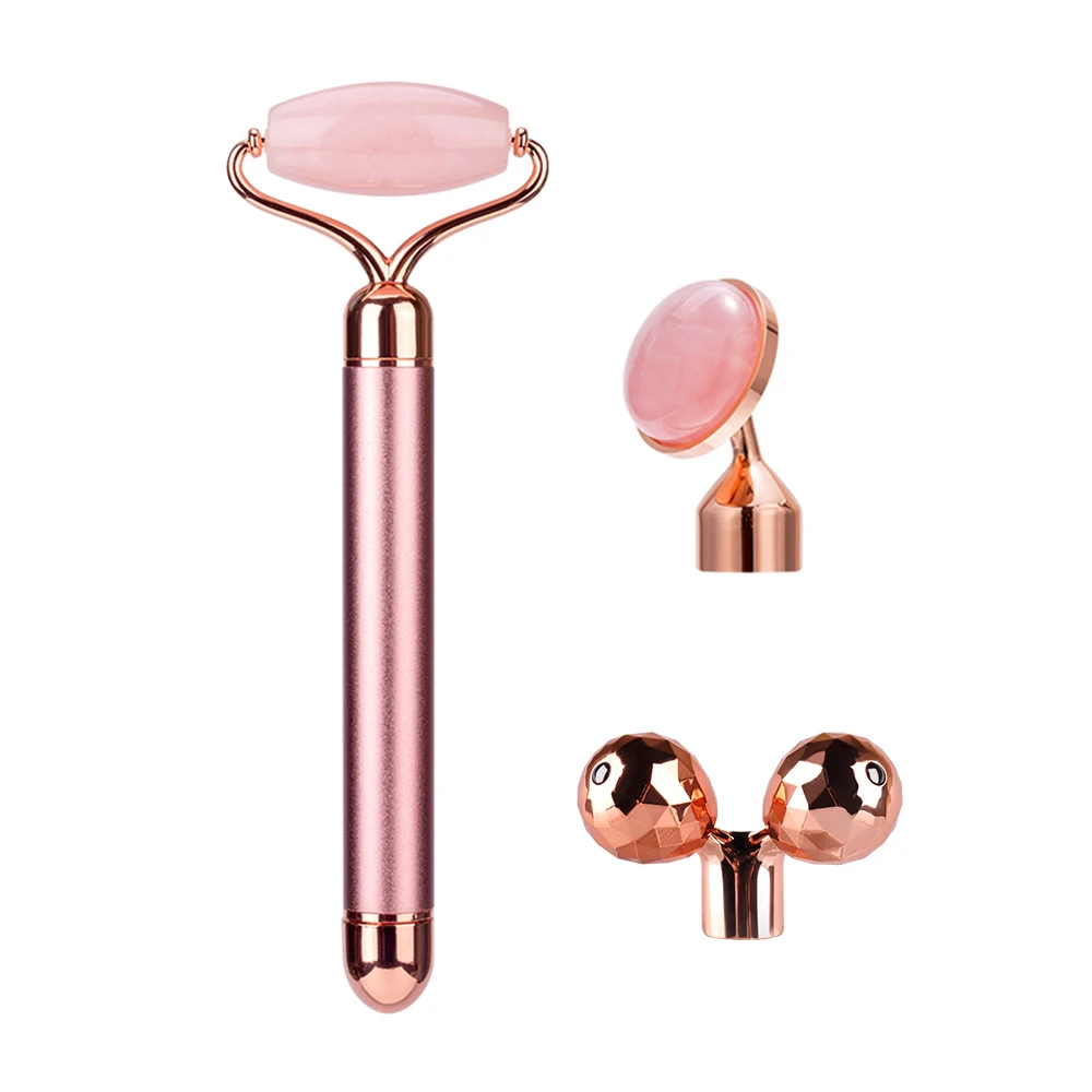 100% Natural Rose Quartz Authentic Jade Facial Beauty Bar Massage Tool 3D Roller 3 in 1 Electric Massager