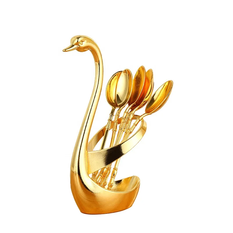 Silver Golden Swan Pattern Kitchen Utensils table decoration Cygnus Salad Dessert Forks Coffee Spoon stand set