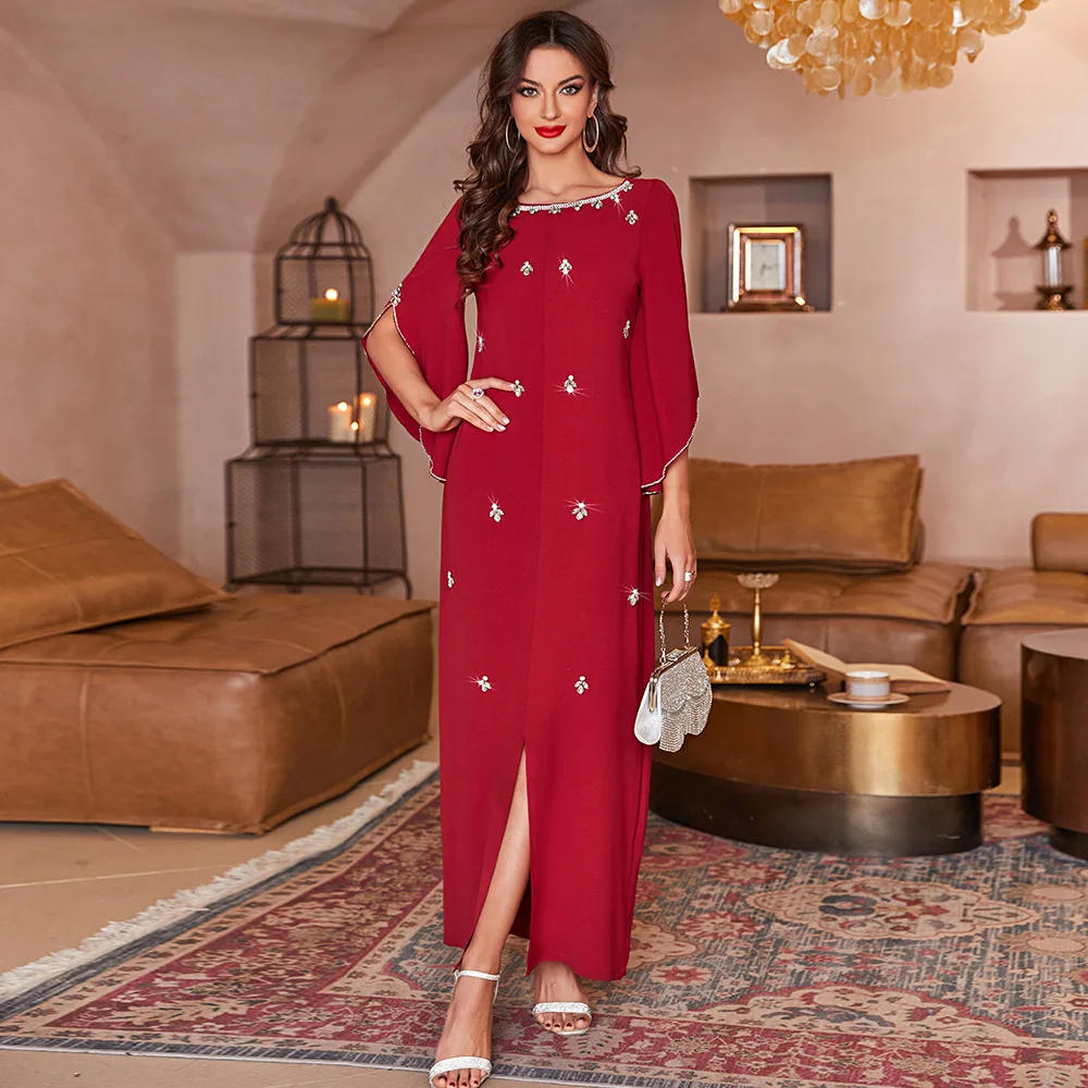Middle East robe Dubai Clothing wholesale red long sleeve V-neck dress Eid Muslim ball dress