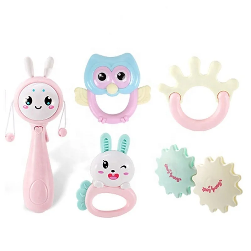 Wholesale newborn cartoon baby rattles for gift toys set shaker bed bell soothing and hand stick with teether
