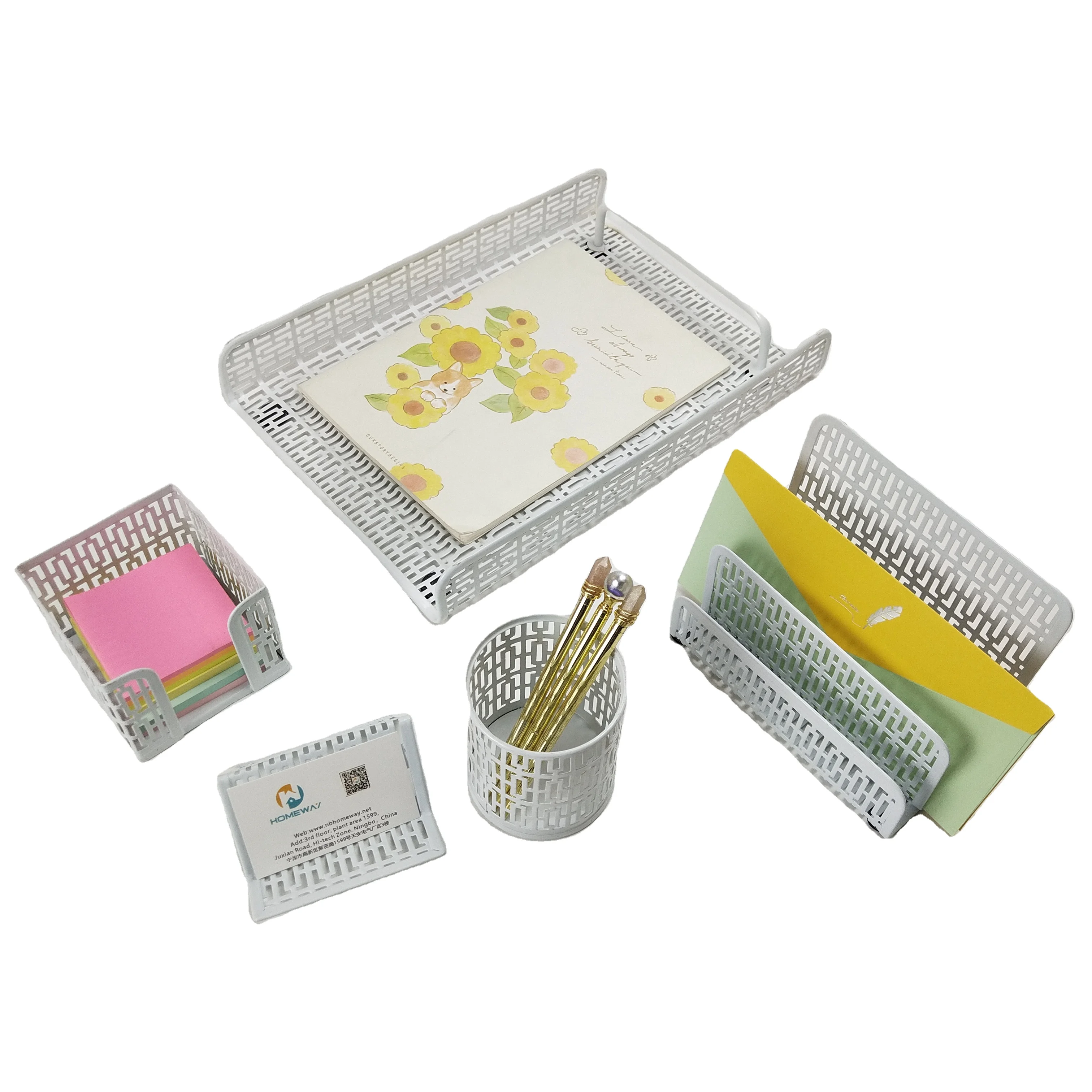 Office Desk Accessories Metal 5 Pieces Sticky Note File Pen Holder Stationery Organiser Desk Storage Organizer Set