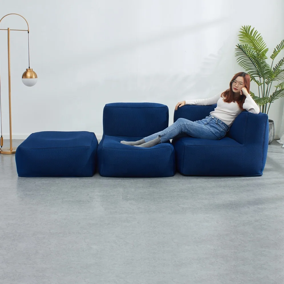 New Design Indoor Outdoor Sandwich Mesh Fabric Large Sectional Sofa Set Living Room Bean Bag Sofa with Beans Filling