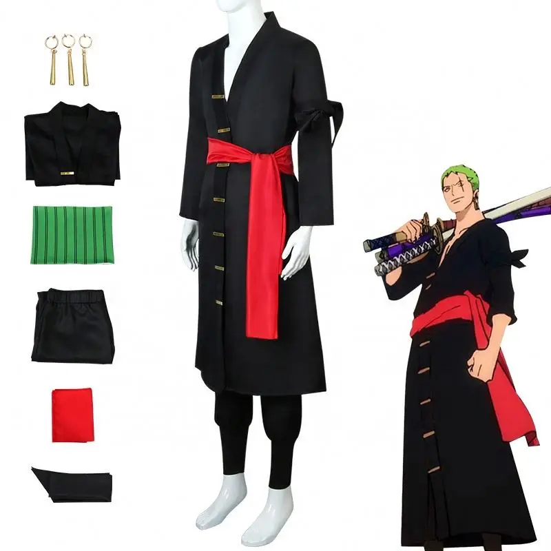 Roronoa Zoro Cosplay Costume Children Whole Series Green Coat Belt Pants Head Scarf Wig Earrings Japanese Character Halloween