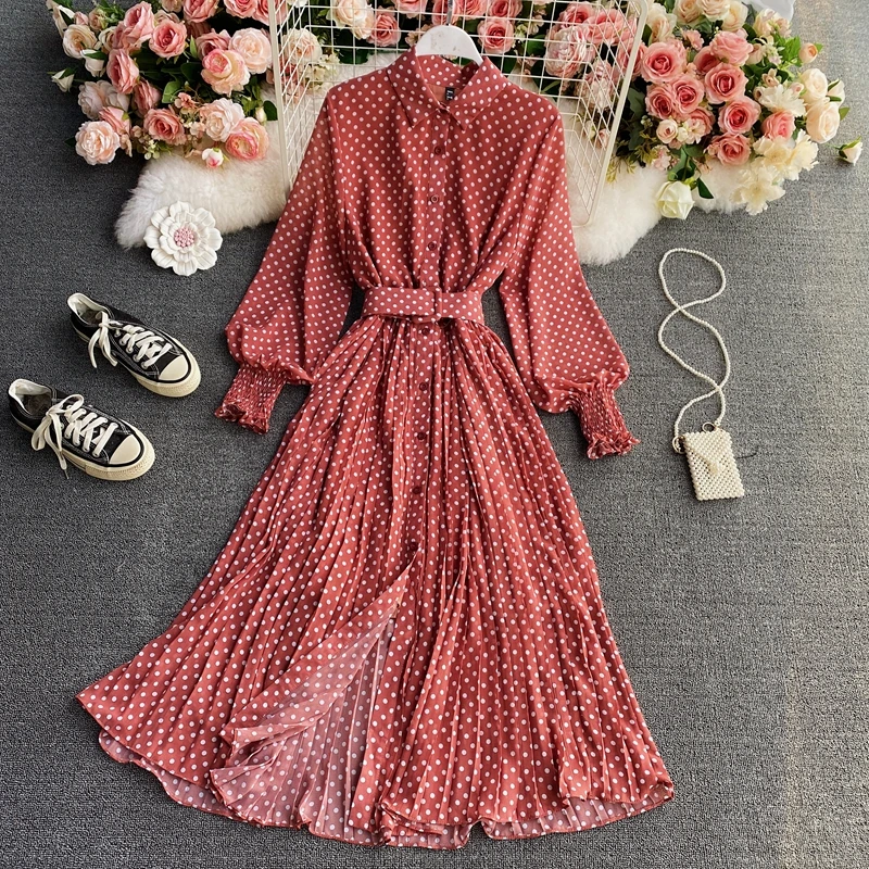 Polka Dot Blouse Collar Long Sleeve Dress 2021 Spring and Autumn New Elegant Chiffon Dress Waist-Controlled Pleated Long Dress