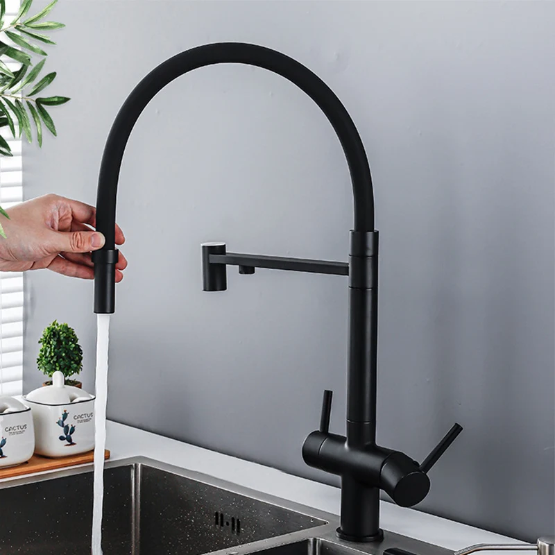 Golden Color Brass Deck Mounted Dual Handle Pull Down Purified Water KItchen Tap Head Faucet Sprayer with Water Filter