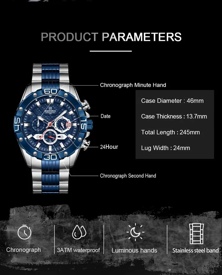 NAVIFORCE NF8019 high quality made in china men hour stylish Stainless steel  band waterproof watch character Casual wrist watch