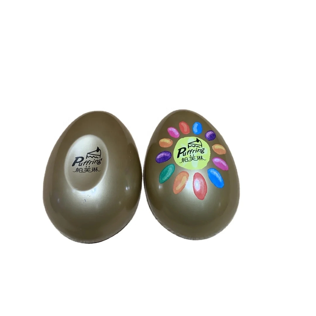 Egg shape tin box with ribbon and label / packaging tin can with lovely shape