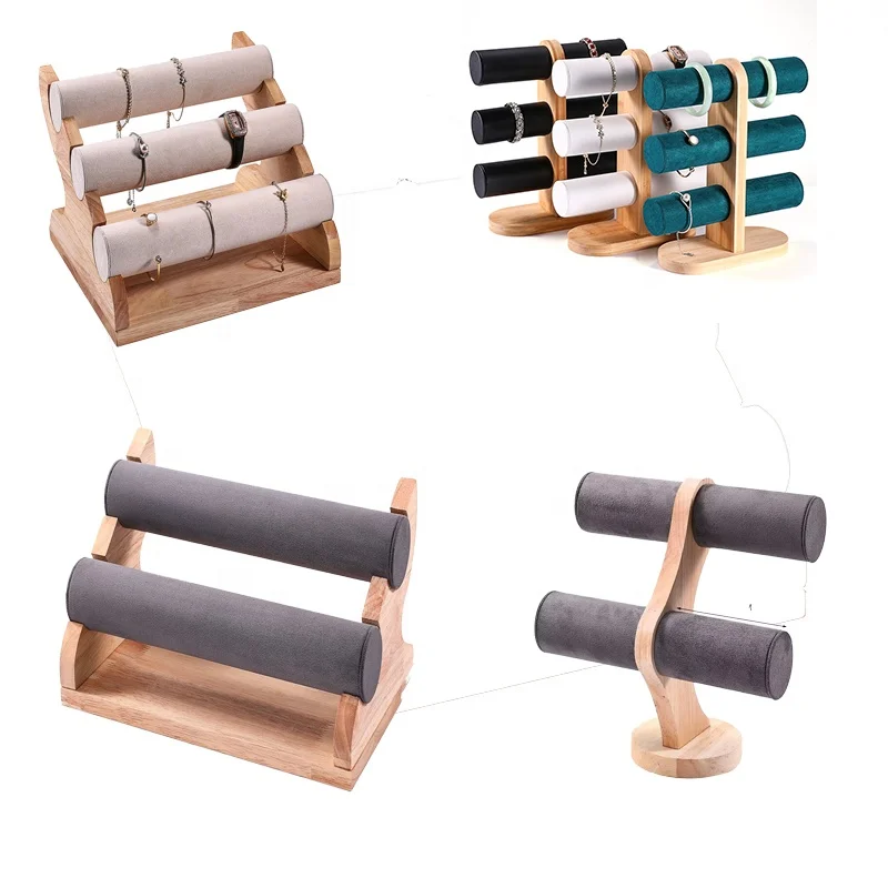 Retail 1 2 3 Tier T-Bar Velvet Suede Leather Colorful Solid Wooden Jewelry Bangle Bracelet Watch Chain DIsplay Rack