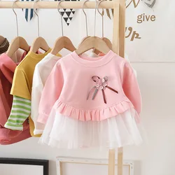 Hao Baby Girls 2022 Spring New 1-3 Year Old Baby Long Sleeve Toddler Stitching Net Yarn Infant Princess Skirt