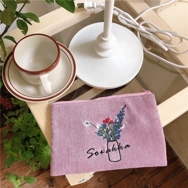 Corduroy embroidery zipper coin purse change purses for lady