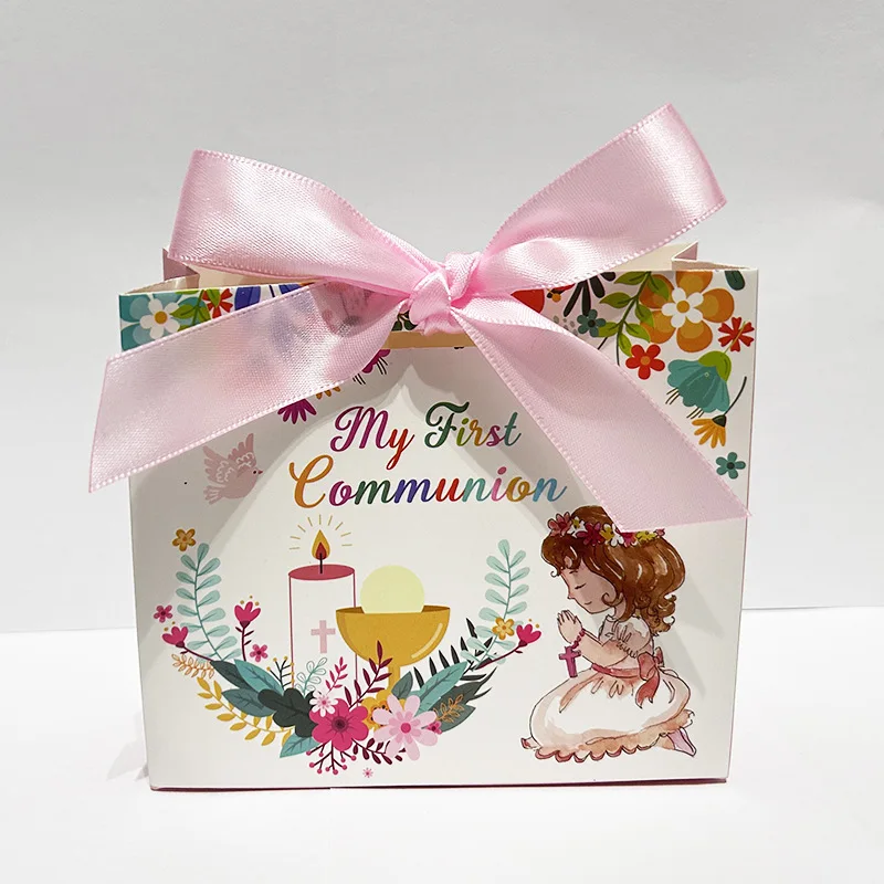 Hstyle First Holy Communion Gift Bag Pink Blue Ribbon Beautiful Religious Design  for Girls and Boys Baptism Religious Party