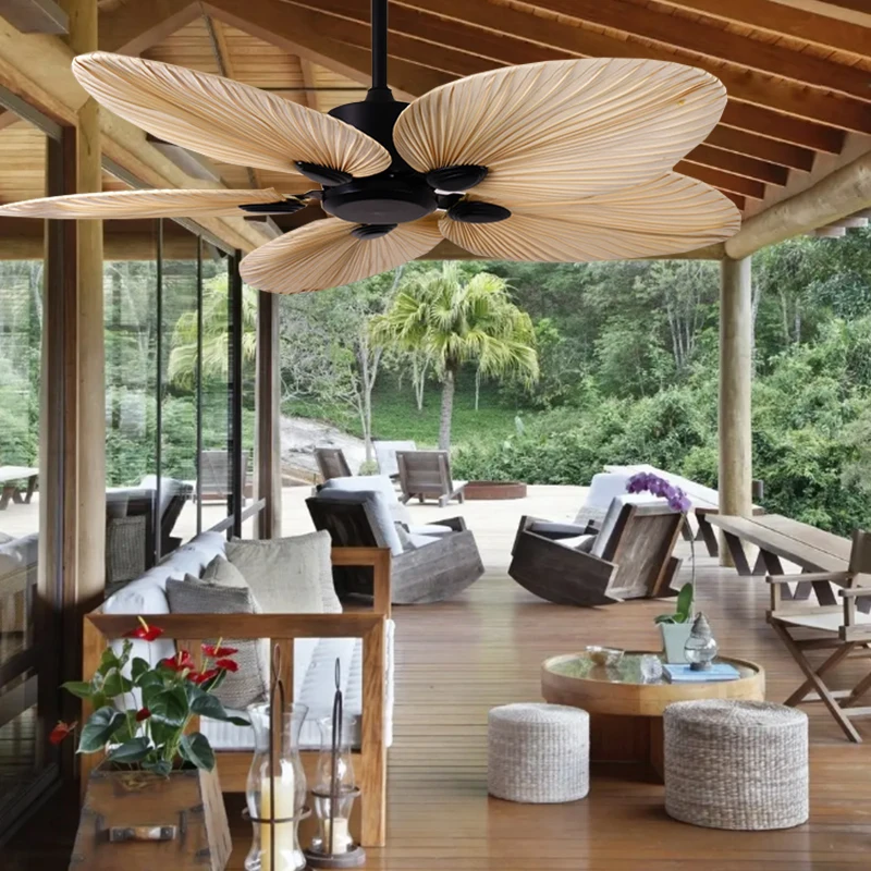 Wholesale High Quality Decorative Resort Anti Rust 52 Inch Natural Palm Blades Celling Fan with Remote Control