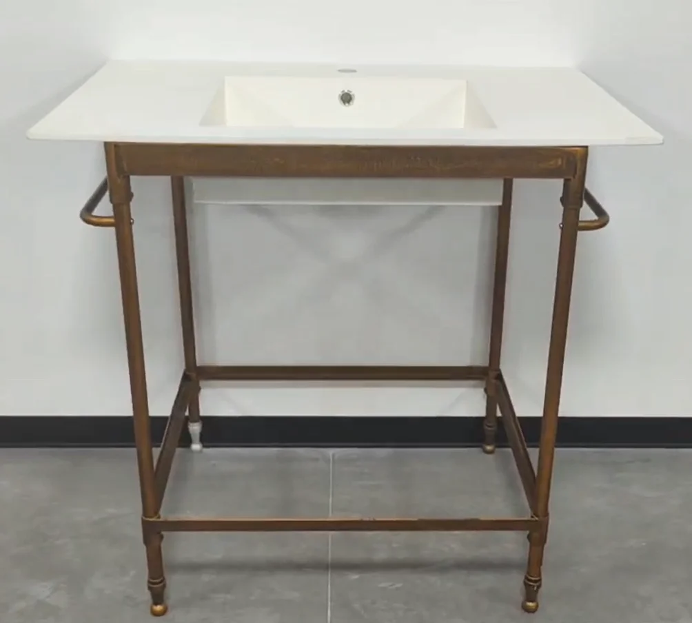 Traditional ceramic wash basin lavatory Black Metal pipe Frame Undermount Double Sink Vanity pedestal Gray Faux Concrete Top