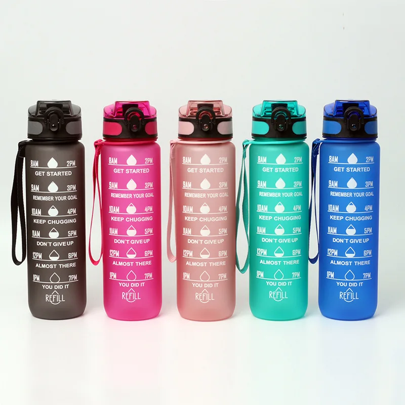 Plastic 32oz Sport Gym Motivational Bpa Free Drink Water Bottle With Time Marker Straw Strainer Flip Top Cover
