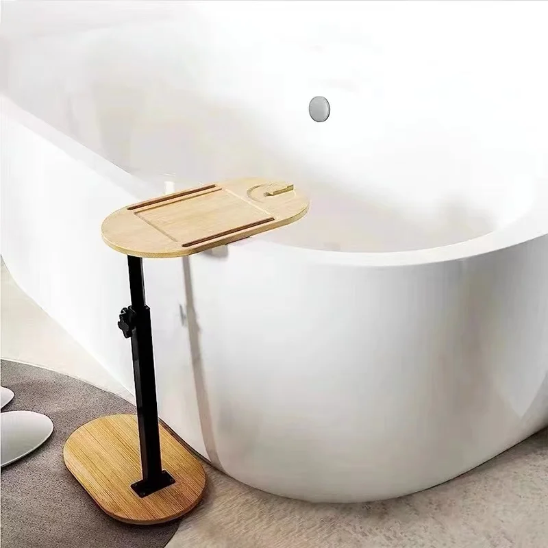 Bamboo Bath Tub Tray Table with Adjustable Height, Swivel Side Table for Tub Against Wall/Couch/Bed