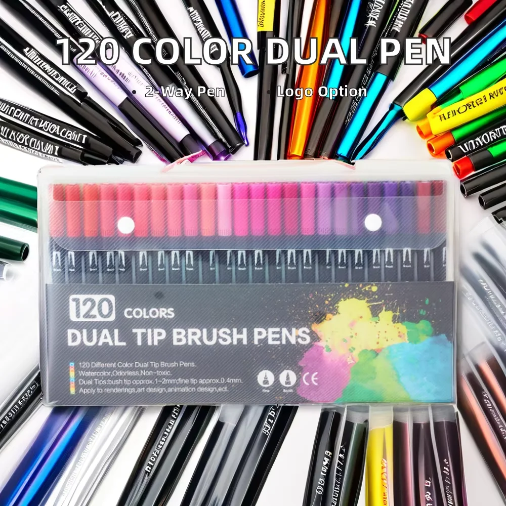 Customizable Logo Double-Ended Soft Head Brush Pen with 120 Colors Black Rod Plastic Watercolor Marker Set for Art Creativity