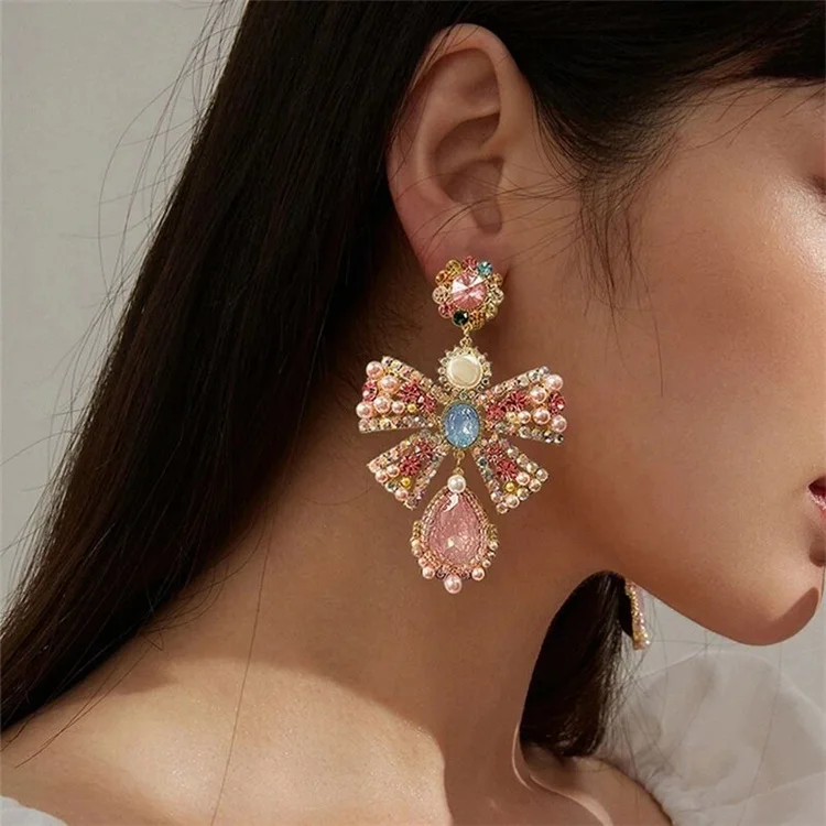 Suyan Jewelry Factory Price 2022 Hot Sale Wedding 18k Gold Round Hoop Luxury Crystal Leaf Bow Pearl Earrings For Woman