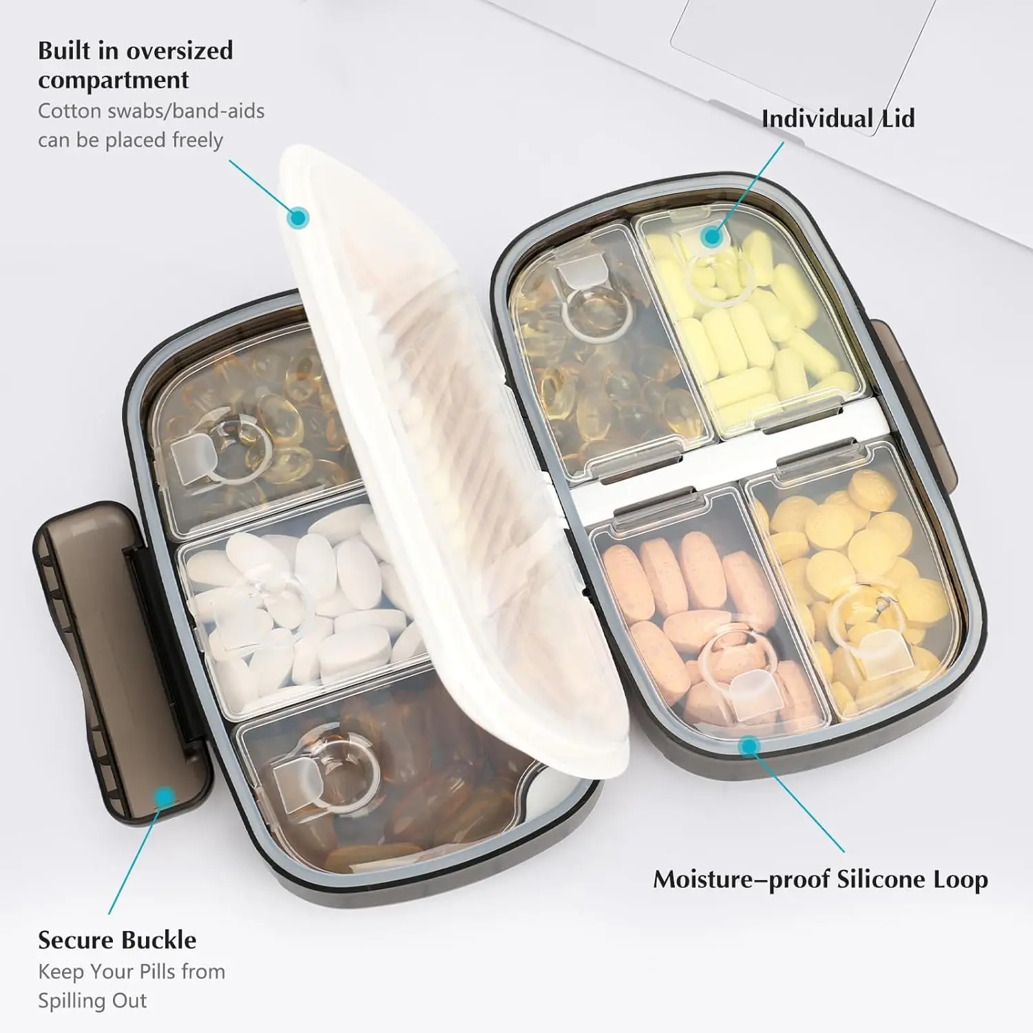 Travel Pill Organizer 8 Compartments Portable Daily Pill Case Pill Box for Purse Pocket to Hold Vitamins Cod Liver Oil,Suppleme