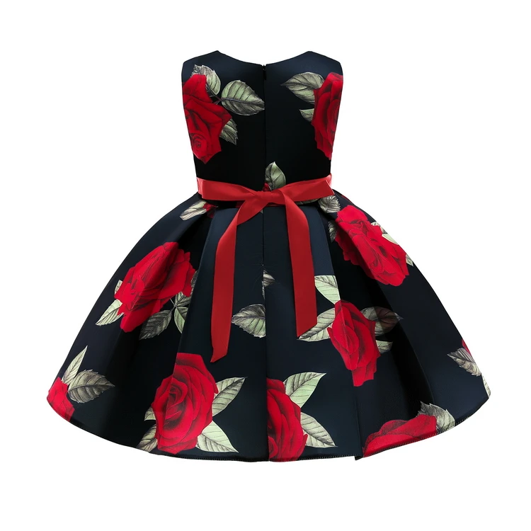 HDKZT8126 2021 Summer Black White Baby Kids Clothes Print Rose Dresses Flower Girls Dress Girl Princess Children Party Skirt