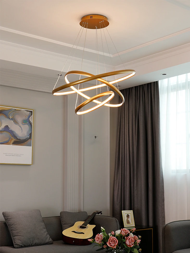 Contemporary Golden Acrylic Shade Dimmable LED Ring Chandelier Pendant Light for Living Room Centerpiece