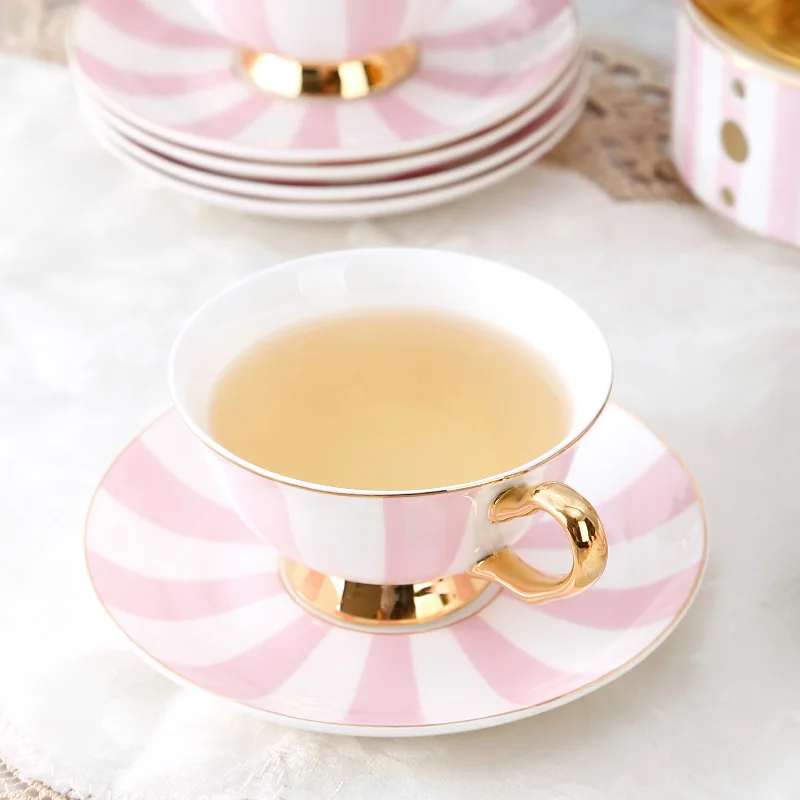 Modern Luxury Coffee Cup Pink Stripe Ceramic Tea Cup And Saucer