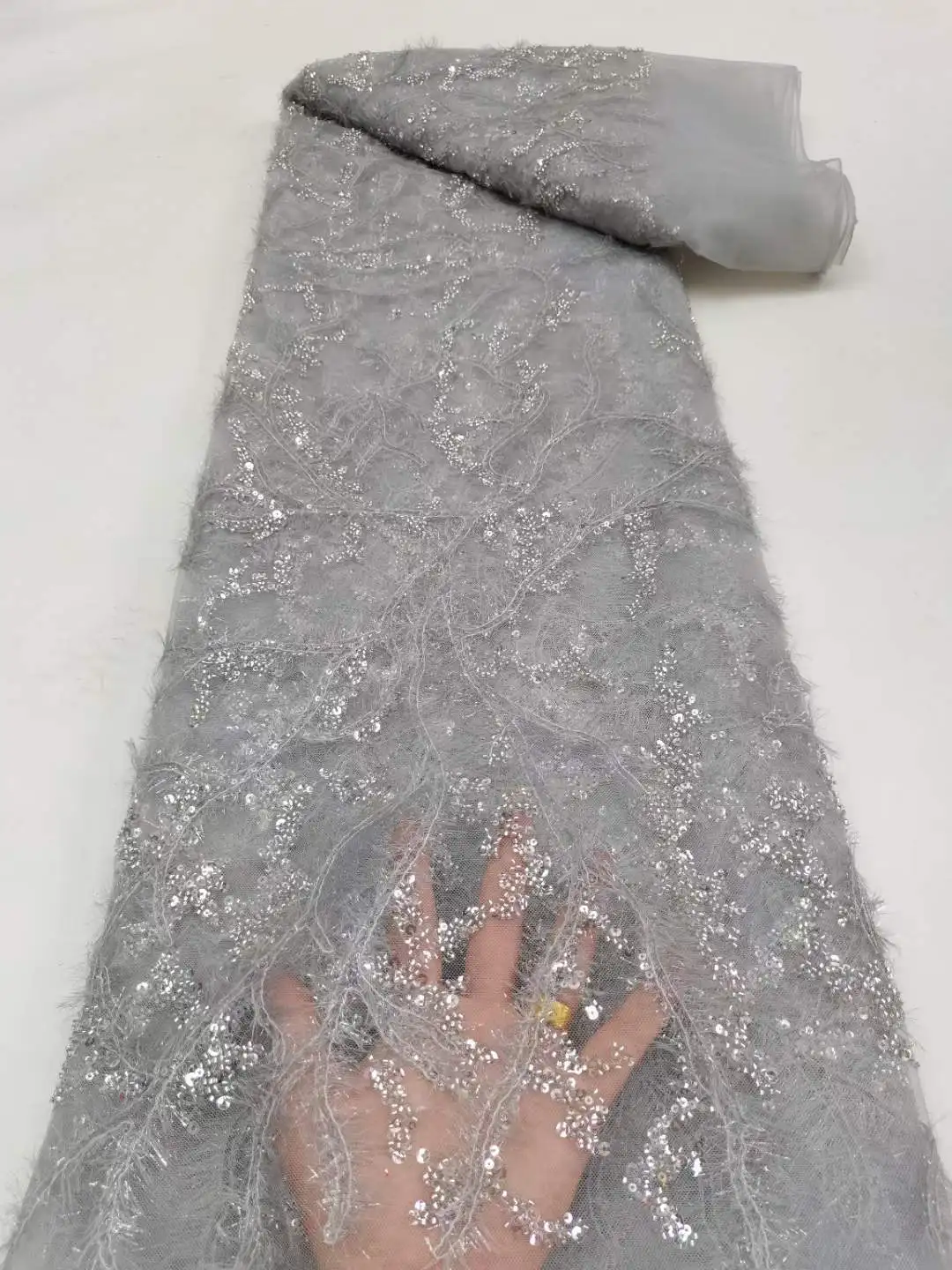 Pine needle plush beaded tube embroidery fabric beads sequin wedding dress cheongsam hat lace fabric SS3625