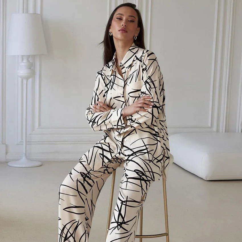 Tao Yao Yao Custom Logo Long Sleeve Home Wear V-neck Lounge Leisure Wear Pajamas for Women