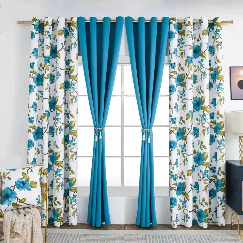 Yellow Navy Blue Solid Color Mix Flower Waterproof Rod Pocket Grommet Living Room Curtains