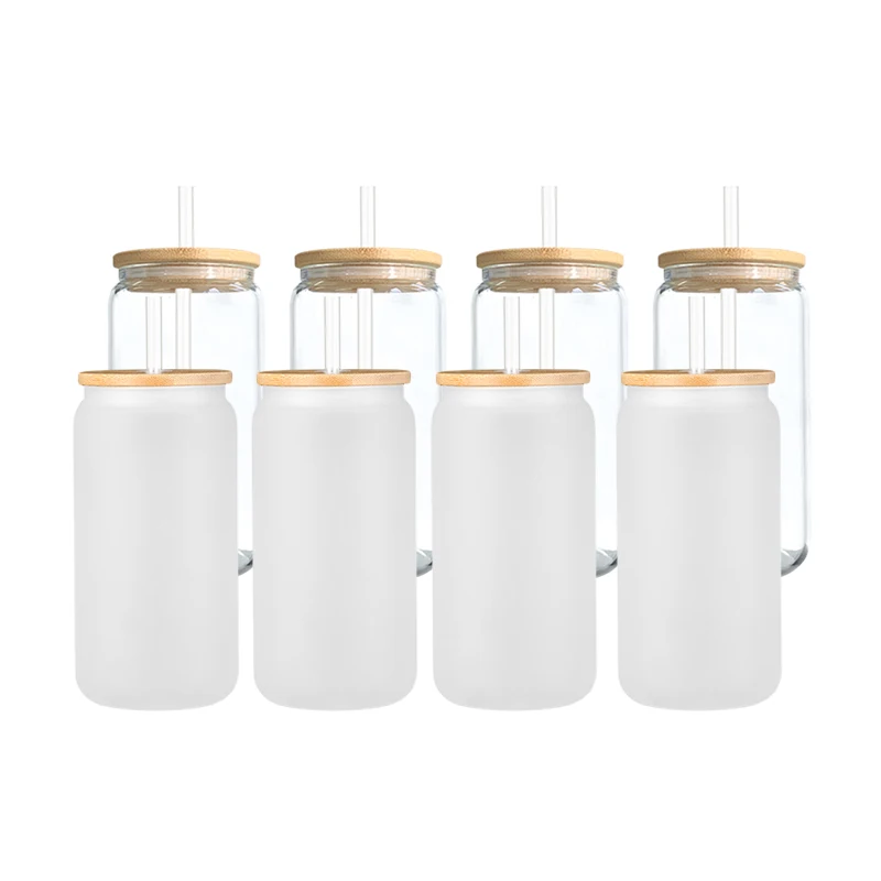 Wholesale 16oz 17oz 20oz 25oz  Sublimation Clear Frosted Mason Jar Beer Can Glass Cup With Bamboo Lid and Straws