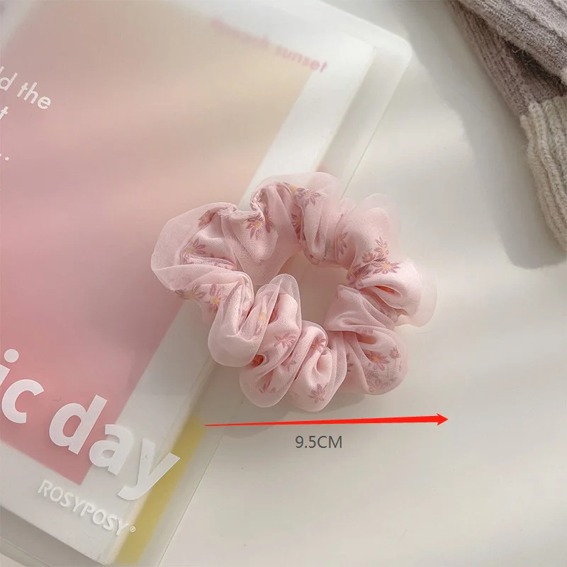 Elegant big mesh flower printing new organza scrunchies hot sale fashion elastic hair scrunchies pink for women girls