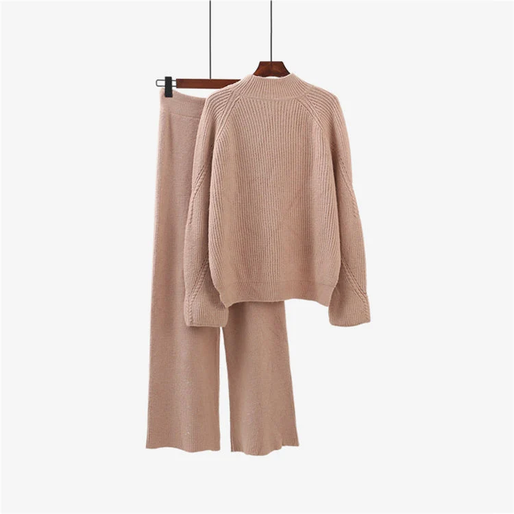 Custom LOGO Organic Cotton sweater sets women casual Lounge knitted sets sweater two piece set women sweater suits