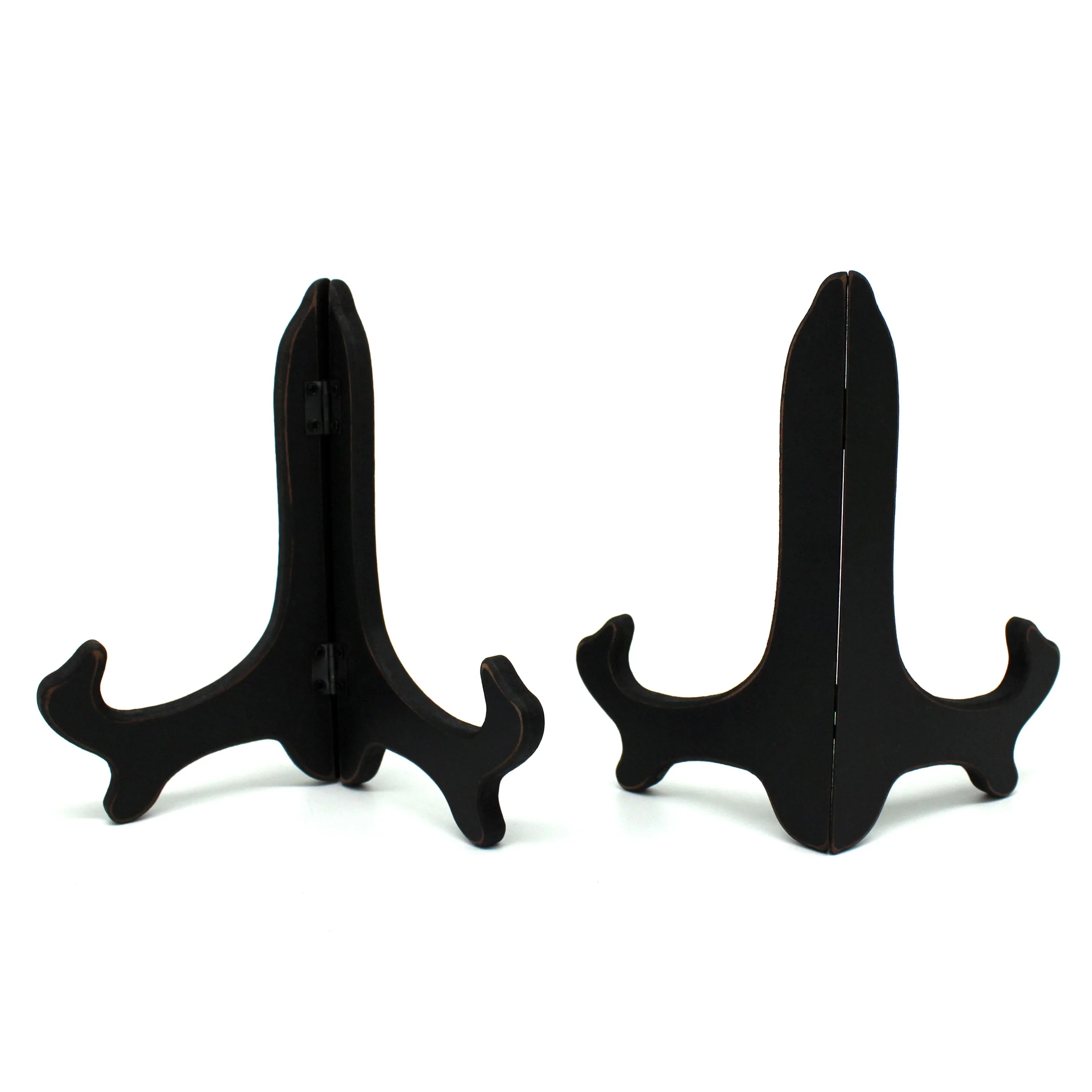 Vintage Distressed Black Decorative Wooden Plates Rack Wood Easels Holder Folding Display Stand Home Decor Art, 7 Inch, Set of 2