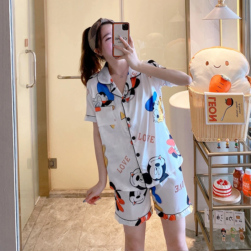Custom Made  Short Sleeve Satin Pajamas Button Up Shirt PJ Set Contrast Piping Nightwear
