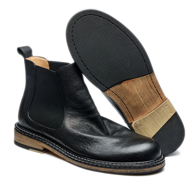 Sole Business Boots Leather Winter Office Ankle Boots Custom Warm Rubber Original Mens for Men GENUINE Leather Brown Male Point