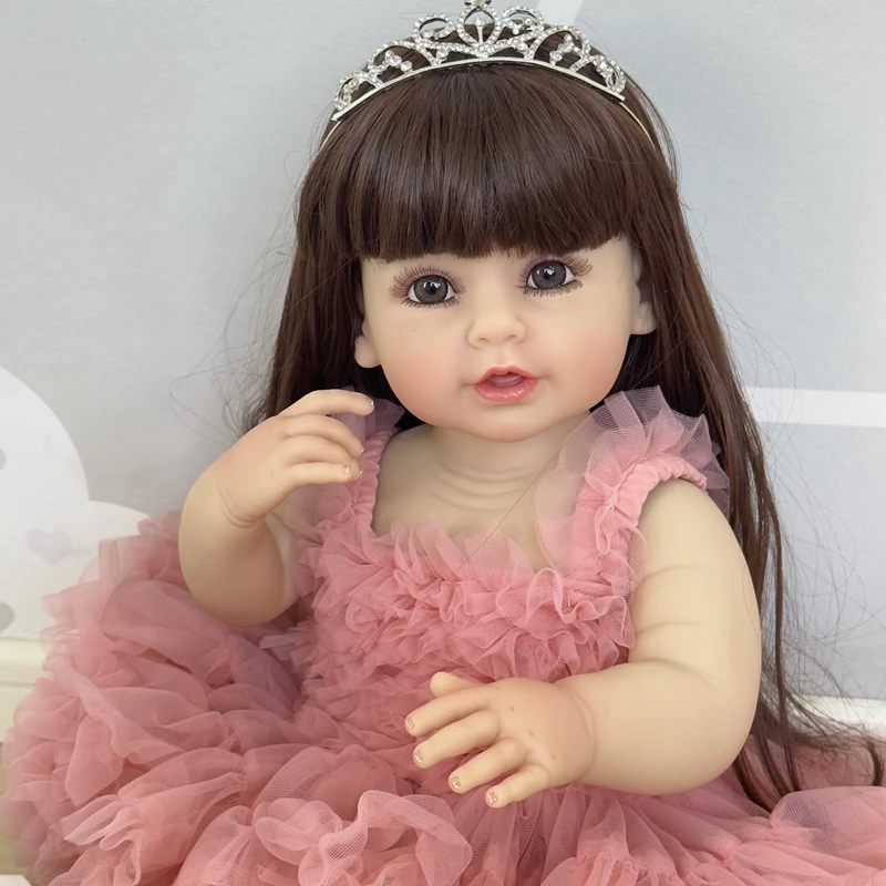 NPK 55CM full body soft silicone vinyl Reborn Stand Toddler Girl Doll lifelike Really Baby Doll with Pink Dress doll toys