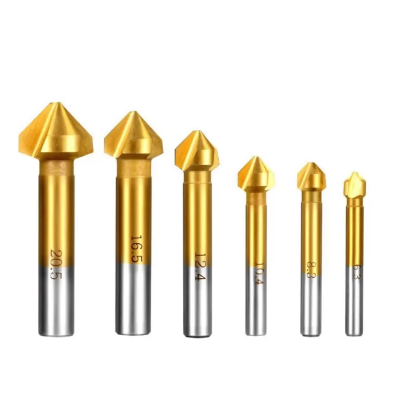 Set of 6 PCS 90 Degree 3 Flute HSS 4341 Countersink Cutter Titanium Coated Chamfer Cutter End Mill Drill Bits countersink set