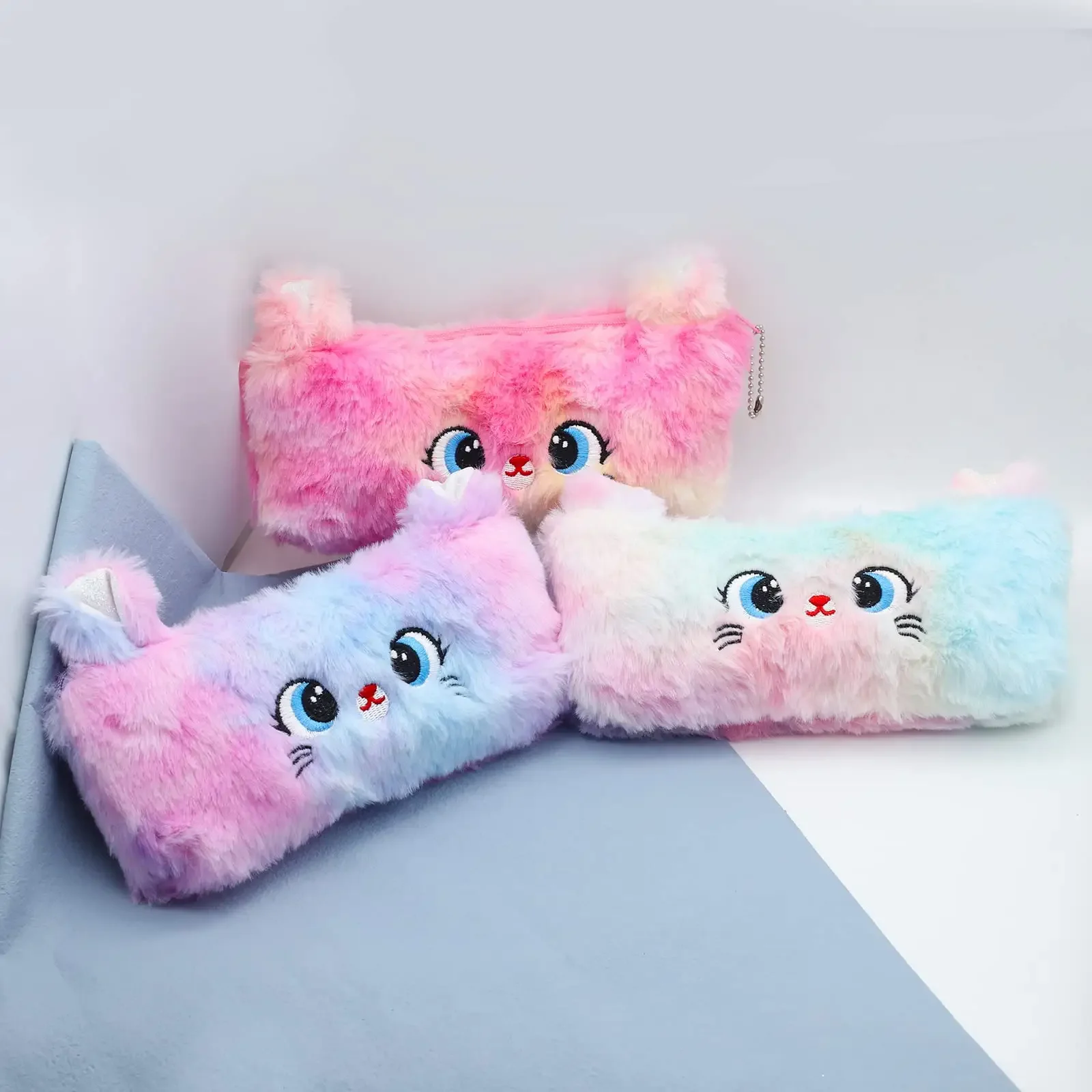 Plush Cat Pencil Case Cute Gradient Colorful Pen Bag Soft Makeup Pouch Coin Purse Storage Stuffed Animal Bag for Women Office