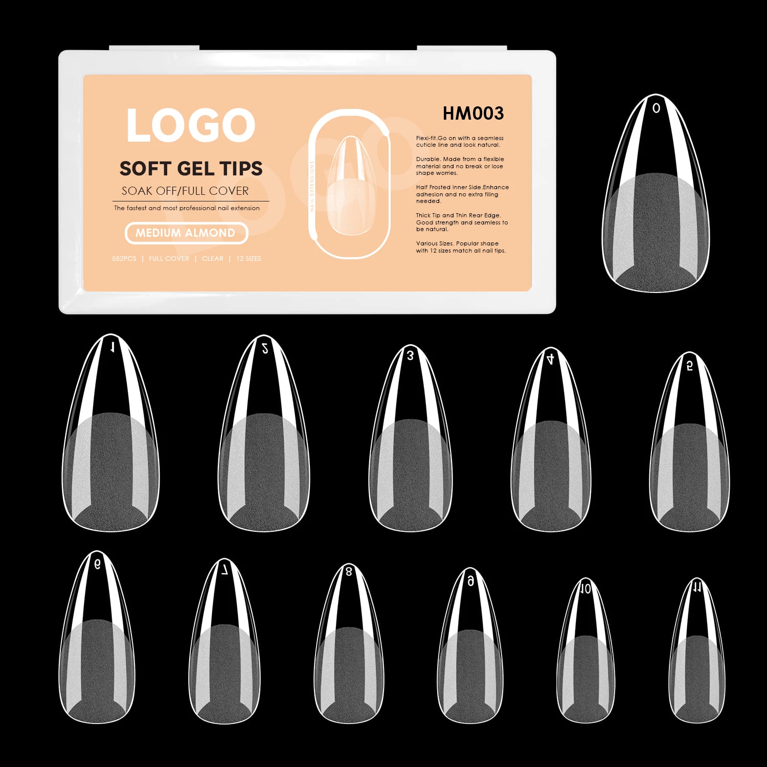 Natural gel x no crease suitable 552pcs 12 sizes full cover soft nail extension false tips