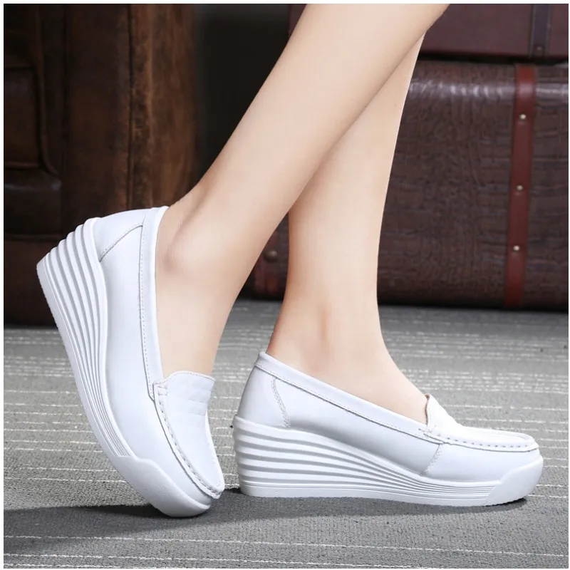 Genuine cow leather ladies casual shoes nurse shoe high heel shoes for women